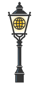 Lampligher digital logo - an old style street lamp with an internet symbol glowing inside.