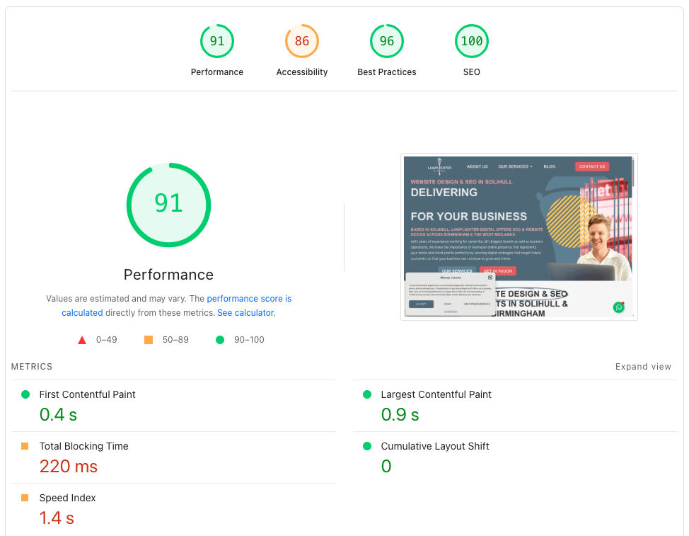 Google Pagespeed insights report showing how google rates a websites speed for SEO